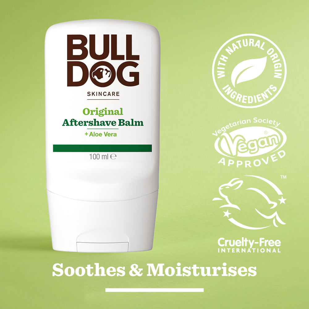 A white bottle of Original After Shave Balm (100 ml) stands against a light green background, with icons highlighting its moisturising benefits, natural origin ingredients, vegan approval, and cruelty-free certification.