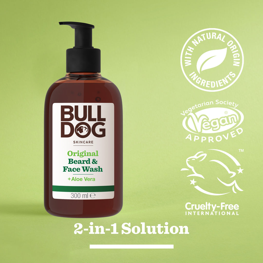 A bottle of Original Beard & Face Wash is displayed, with icons highlighting natural-origin ingredients, vegan approval, and cruelty-free status. Text below reads: 2-in-1 solution for hydrated skin.