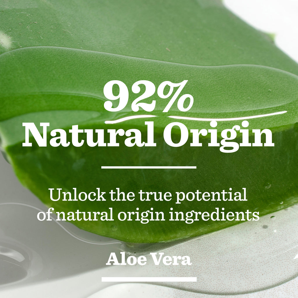 A close-up of fresh aloe vera leaf with gel, overlaid text reads: 92% Natural Origin. Unlock the true potential of natural ingredients for hydrated skin with Original Beard & Face Wash. Aloe Vera.