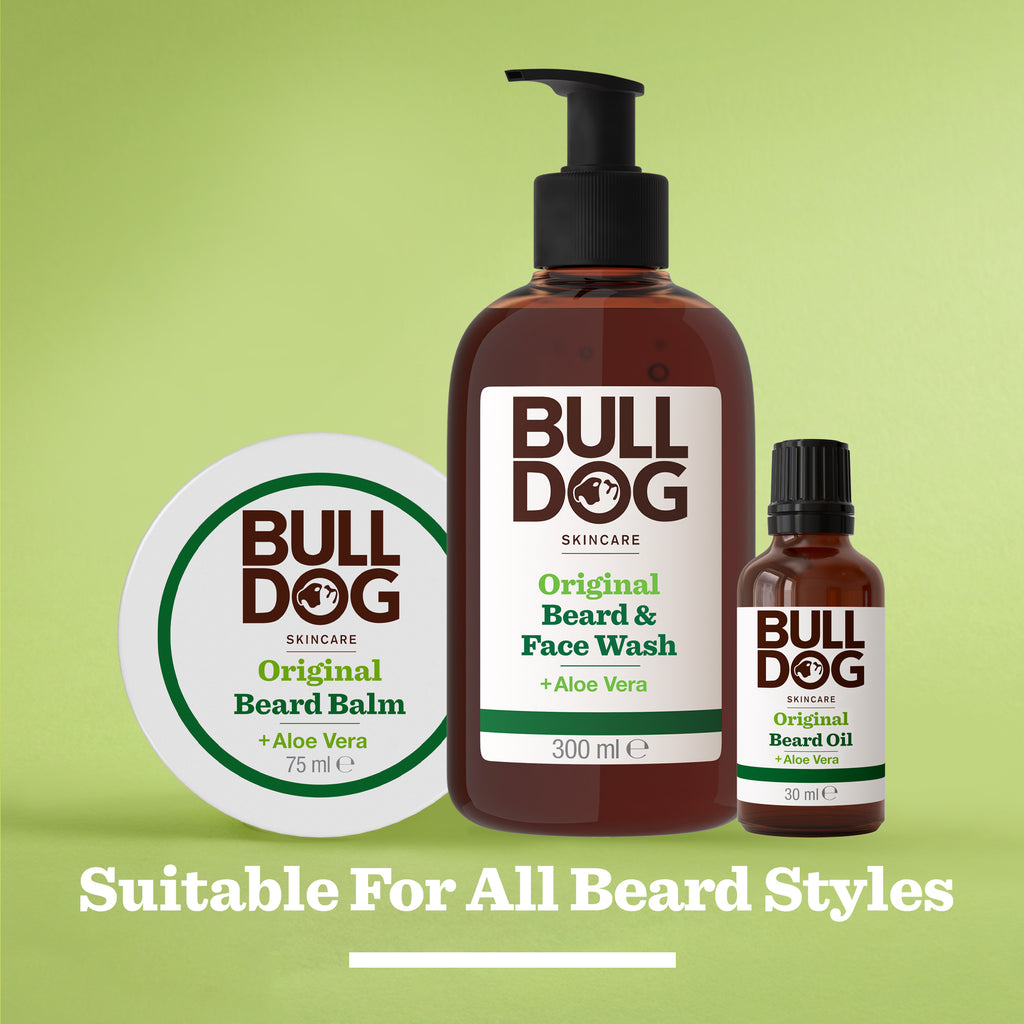 Original Beard & Face Wash is displayed against a green background with the text “Suitable For All Beard Styles,” showcasing its natural origin ingredients.