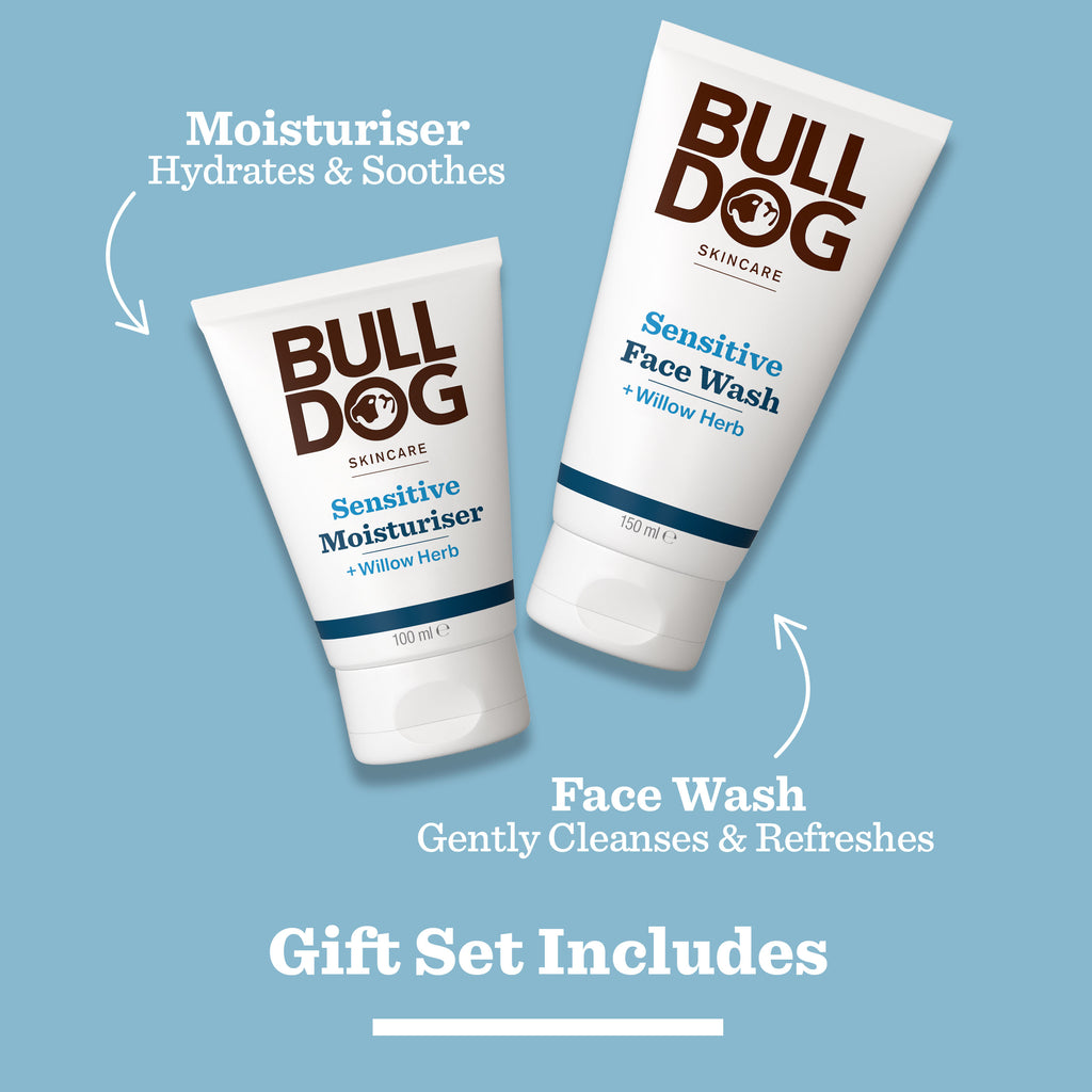 The Sensitive Duo Set features two Bulldog Skincare tubes—Sensitive Moisturiser (100ml) and Sensitive Face Wash (150ml)—on a blue background. Text highlights their benefits and notes it’s the perfect gift for men.