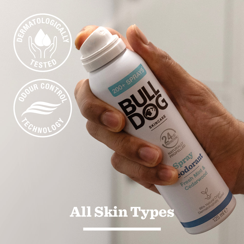 A hand holds a can from the Sensitive Spray Deodorant Bundle, labeled for 24-hour protection, dermatologically tested, and odor control technology. Suitable for sensitive skin, it also states “All Skin Types” at the bottom.