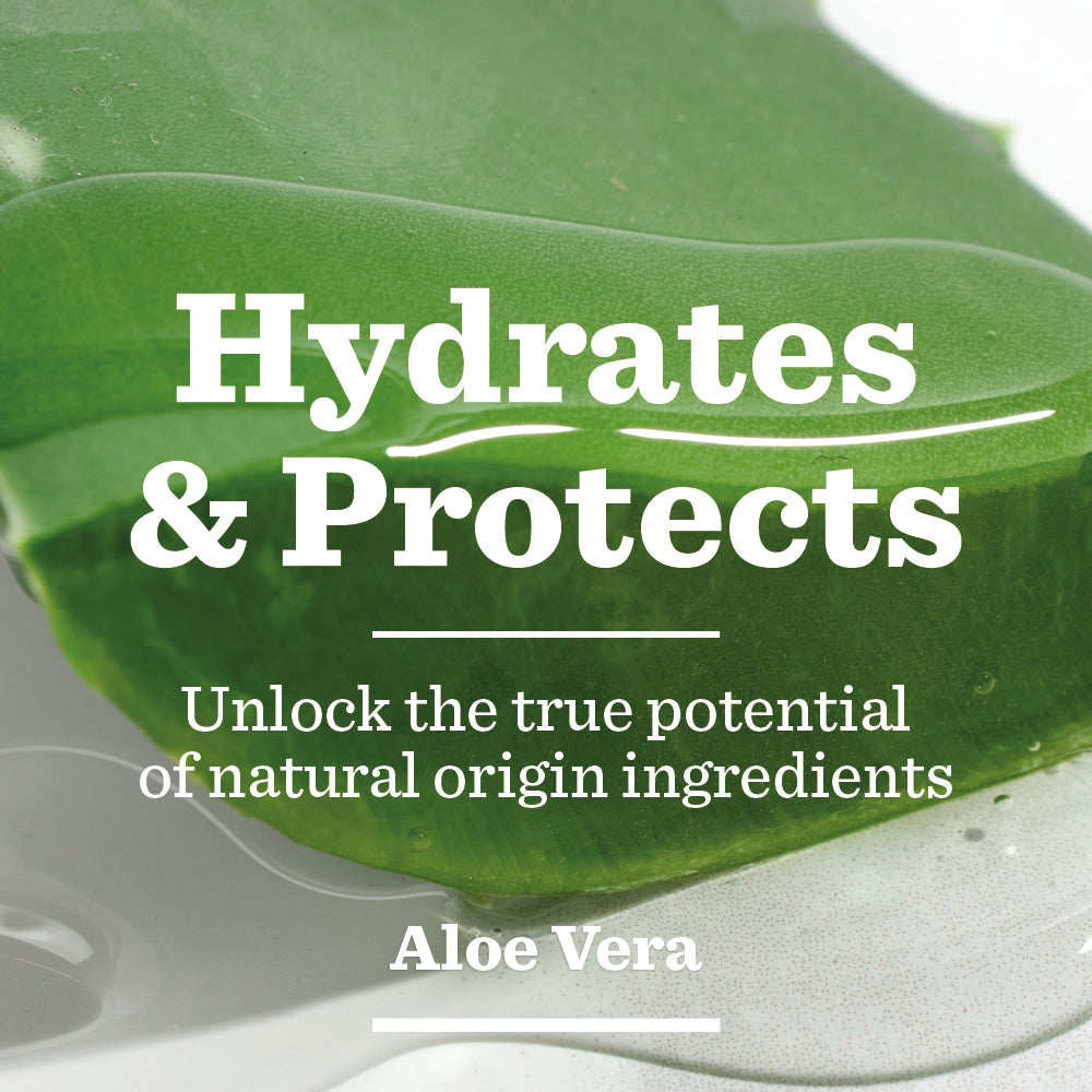 Close-up of a fresh aloe vera leaf with text overlay: Hydrates & Protects. Reveal the power of natural ingredients for healthy, moisturised skin with Protective Moisturiser featuring Aloe Vera.