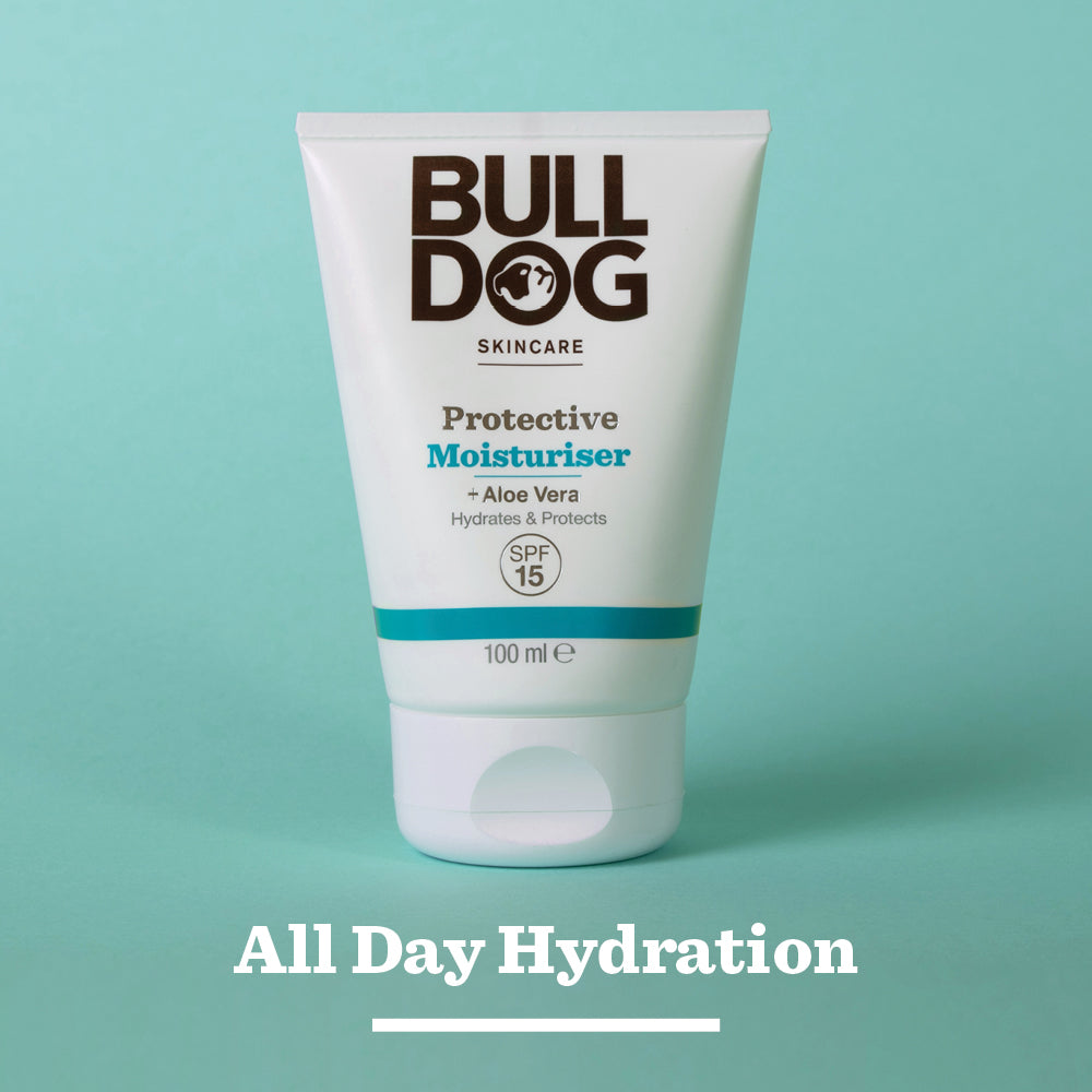A tube of Protective Moisturiser with SPF 15, made with natural ingredients like aloe vera, is displayed on a teal background. Below it reads: All Day Hydration for your skin.