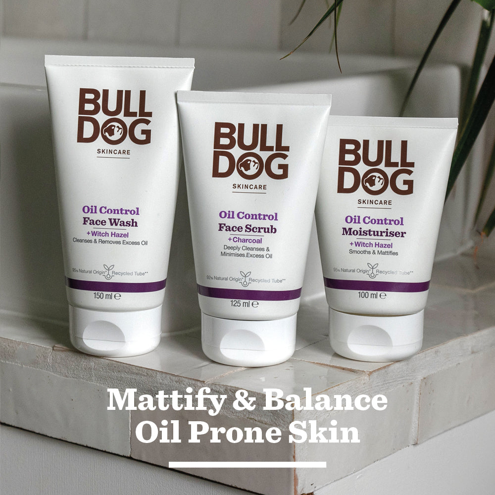 Bulldog Oil Control Face Wash with natural origin ingredients stands on a white bathroom surface with the text: Mattify & Balance Oil Prone Skin below it.