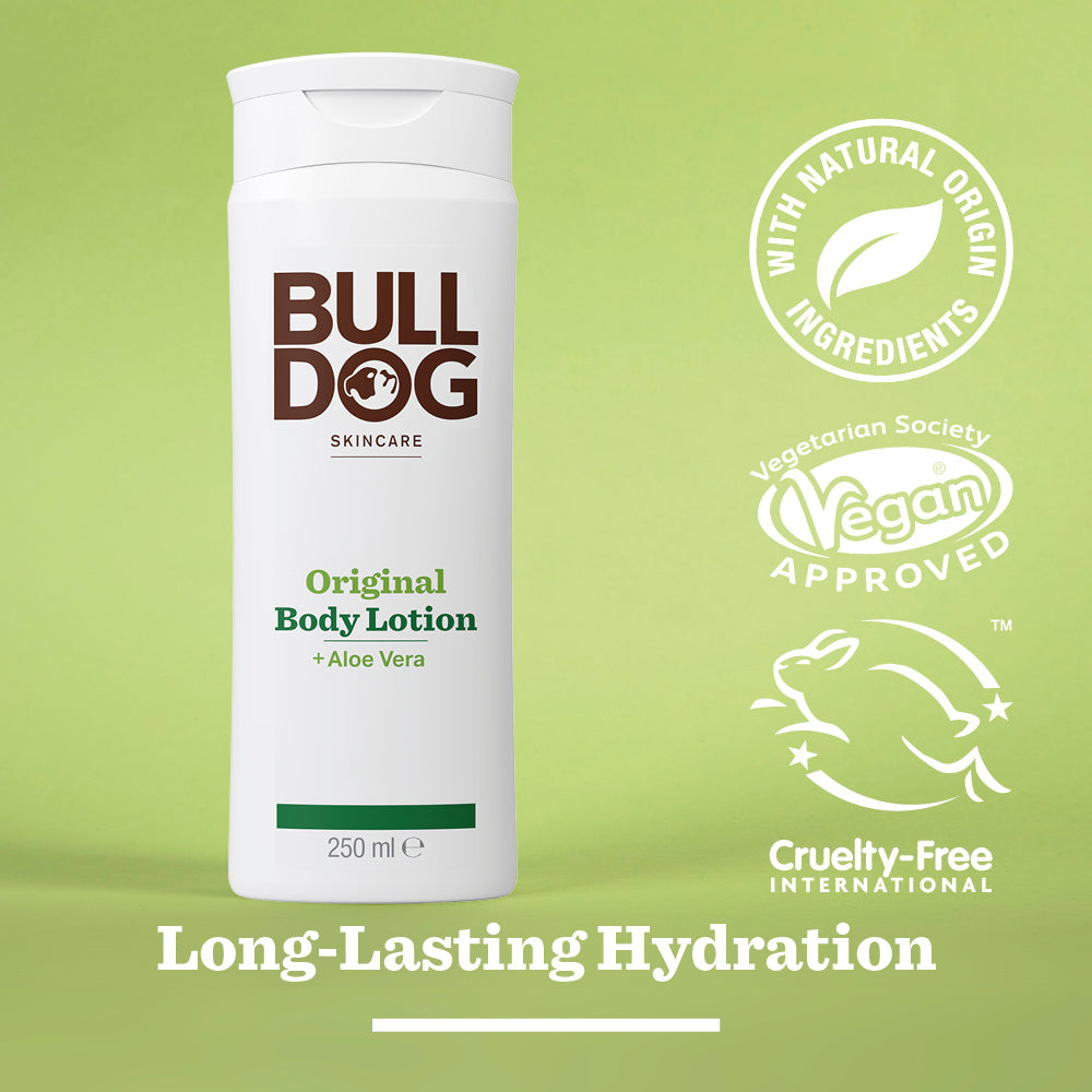 A white bottle of Original Body Lotion stands on a light green background, displaying vegan, cruelty-free, and natural ingredients logos. The text Long-Lasting Hydration appears below.