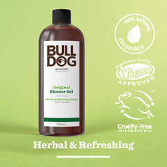 A bottle of Original Shower Gel stands on a green background, with text highlighting its herbal and refreshing scent, 100% natural fragrance from natural ingredients, vegan approval, and cruelty-free certification.