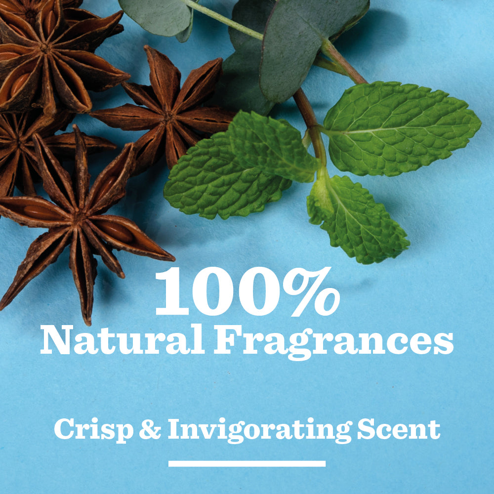 Peppermint & Eucalyptus Natural Deodorant displayed with star anise, eucalyptus, and mint on blue, featuring “100% Natural Fragrances – Crisp & Invigorating Scent.” Enjoy 24-hour odour protection tailored for men.