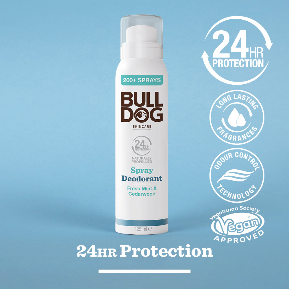 A can of Sensitive Spray Deodorant Bundle stands on a blue background, highlighting 24-hour protection, natural ingredients, long-lasting fragrance, odour control technology, and Vegan approval.