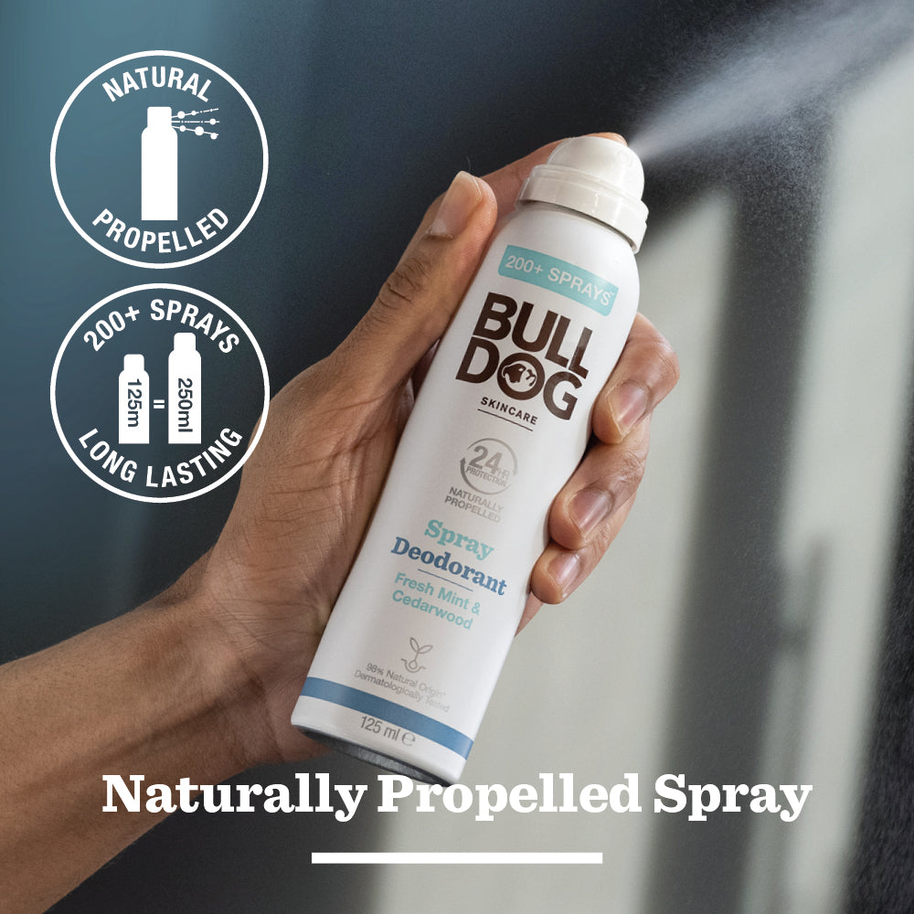 A hand sprays a can from the Sensitive Spray Deodorant Bundle, featuring natural ingredients, fresh mint and cedarwood scent, 24-hour protection, and over 200 sprays. Text reads: Naturally Propelled Spray.