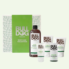 The Premium Body Care Collection features Bulldog Skincare products for men—face wash, shower gel, face scrub, deodorant, and moisturizer—displayed with a green and white gift box. Ideal gifts for men who value premium skincare.